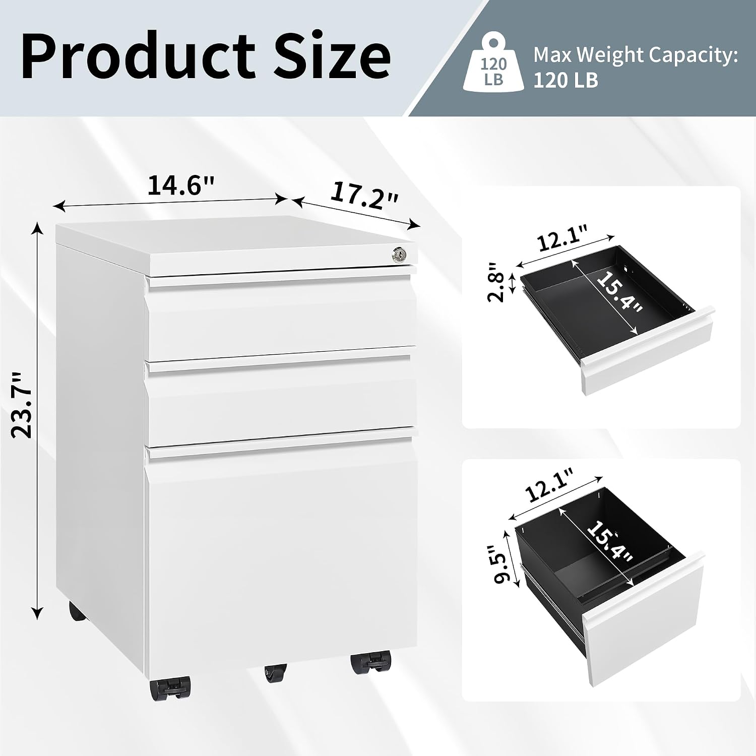 Wheeled Lockable 3-Drawer Mobile File Cabinet
