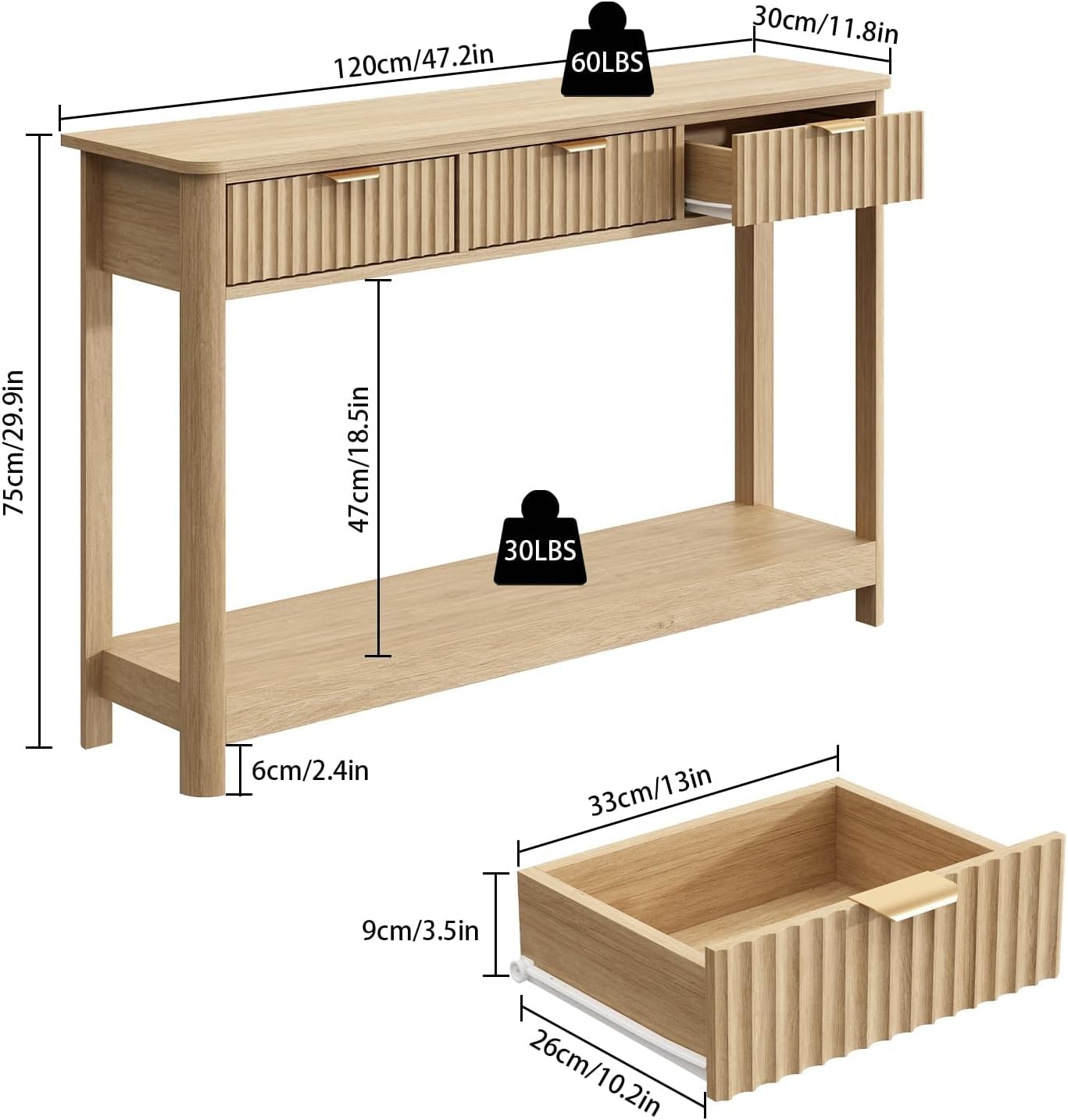 Boho Fluted Wooden Drawer Console Sofa Table