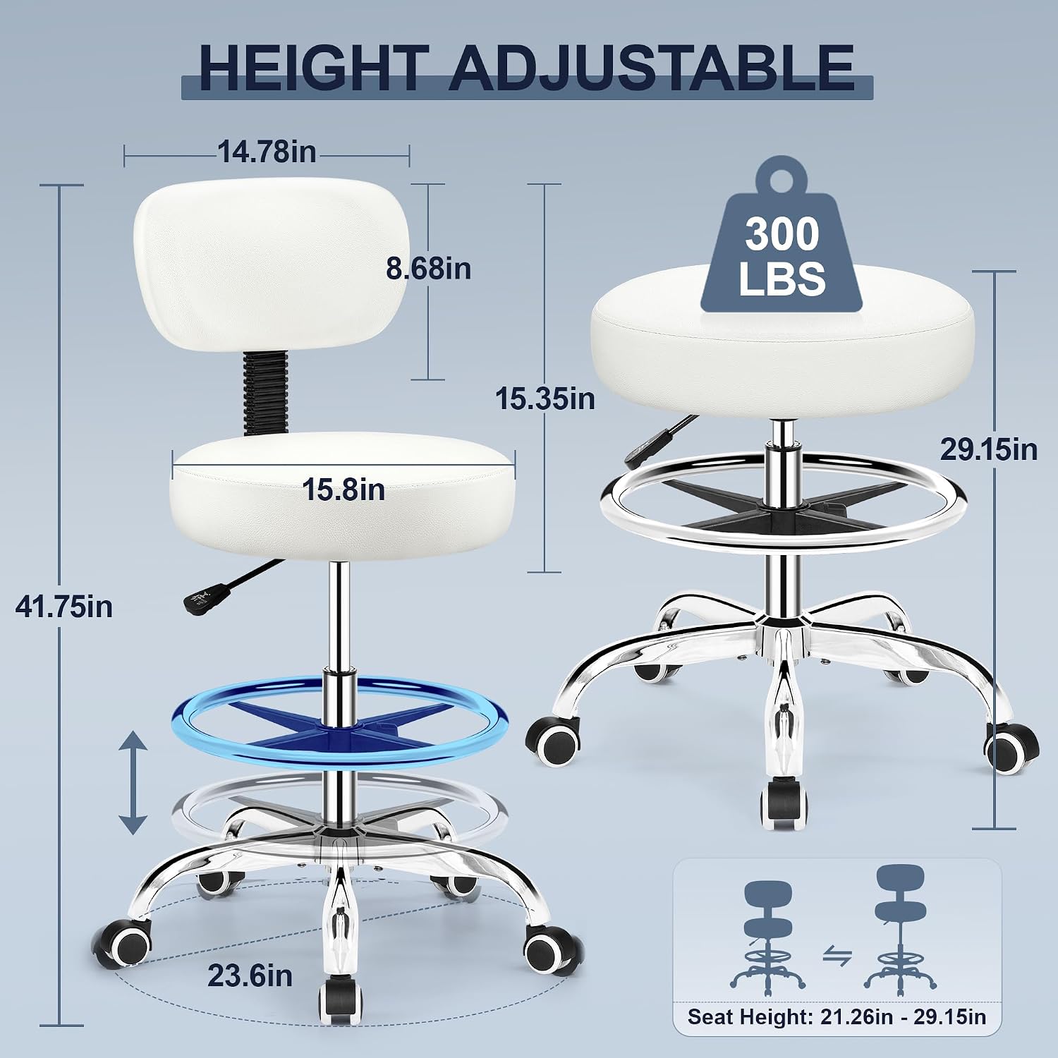 Adjustable Rolling PU Leather Drafting Office Stool