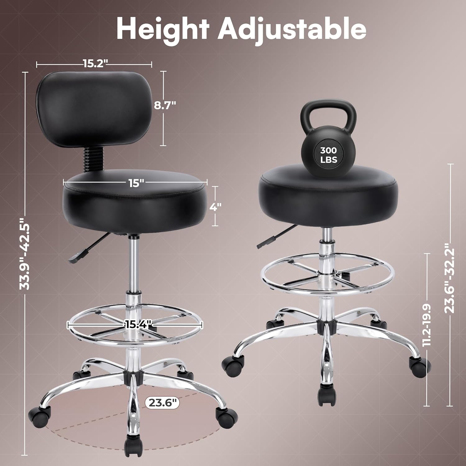 Adjustable Rolling Backrest Drafting Office Stool