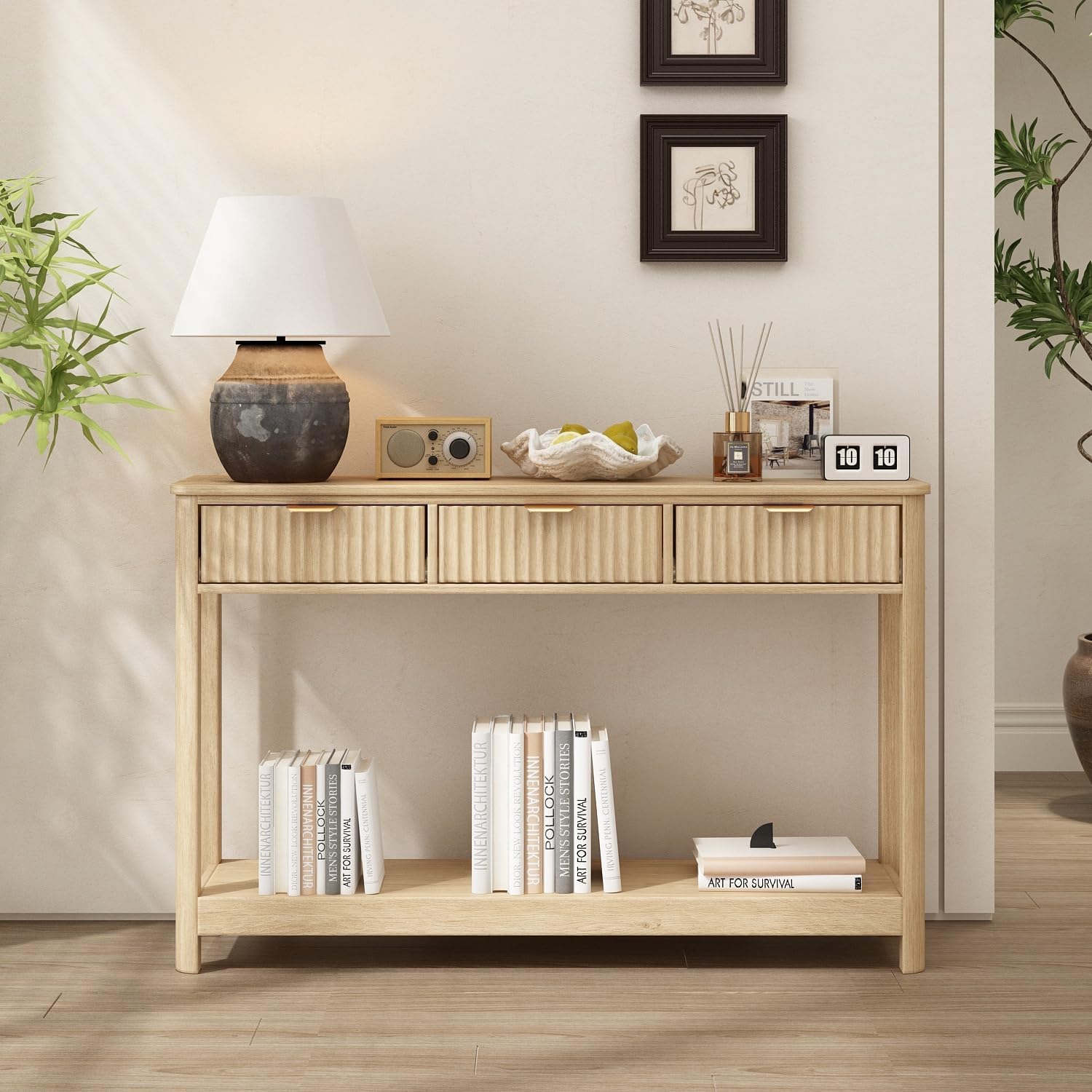 Boho Fluted Wooden Drawer Console Sofa Table