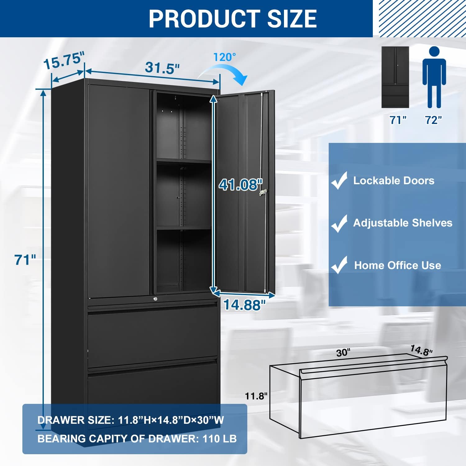 Lockable Steel Lateral Drawer Door File Cabinet