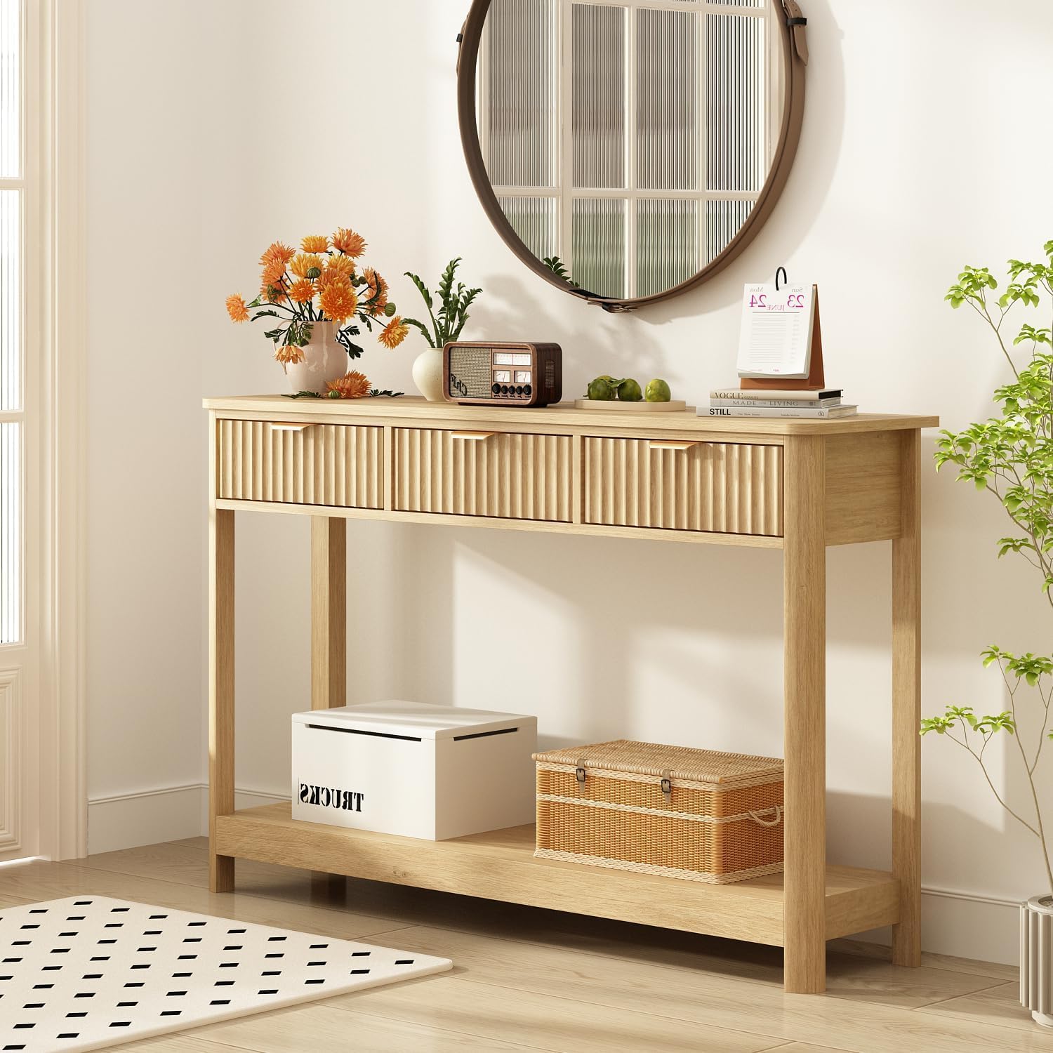Boho Fluted Wooden Drawer Console Sofa Table
