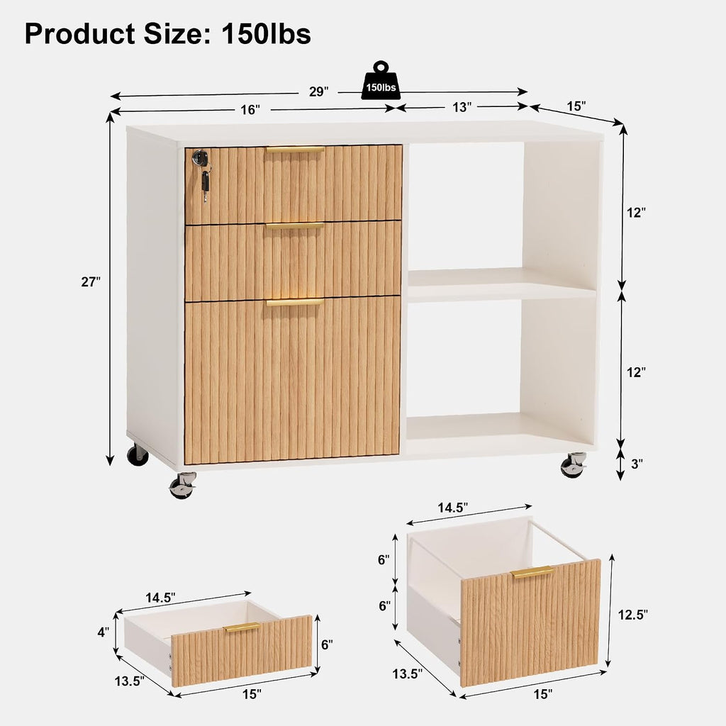 Fluted Wheeled Lockable 3-Drawer File Cabinet