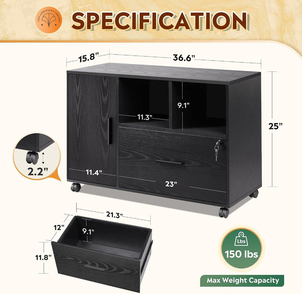 Wheeled Lockable Wooden Office File Cabinet
