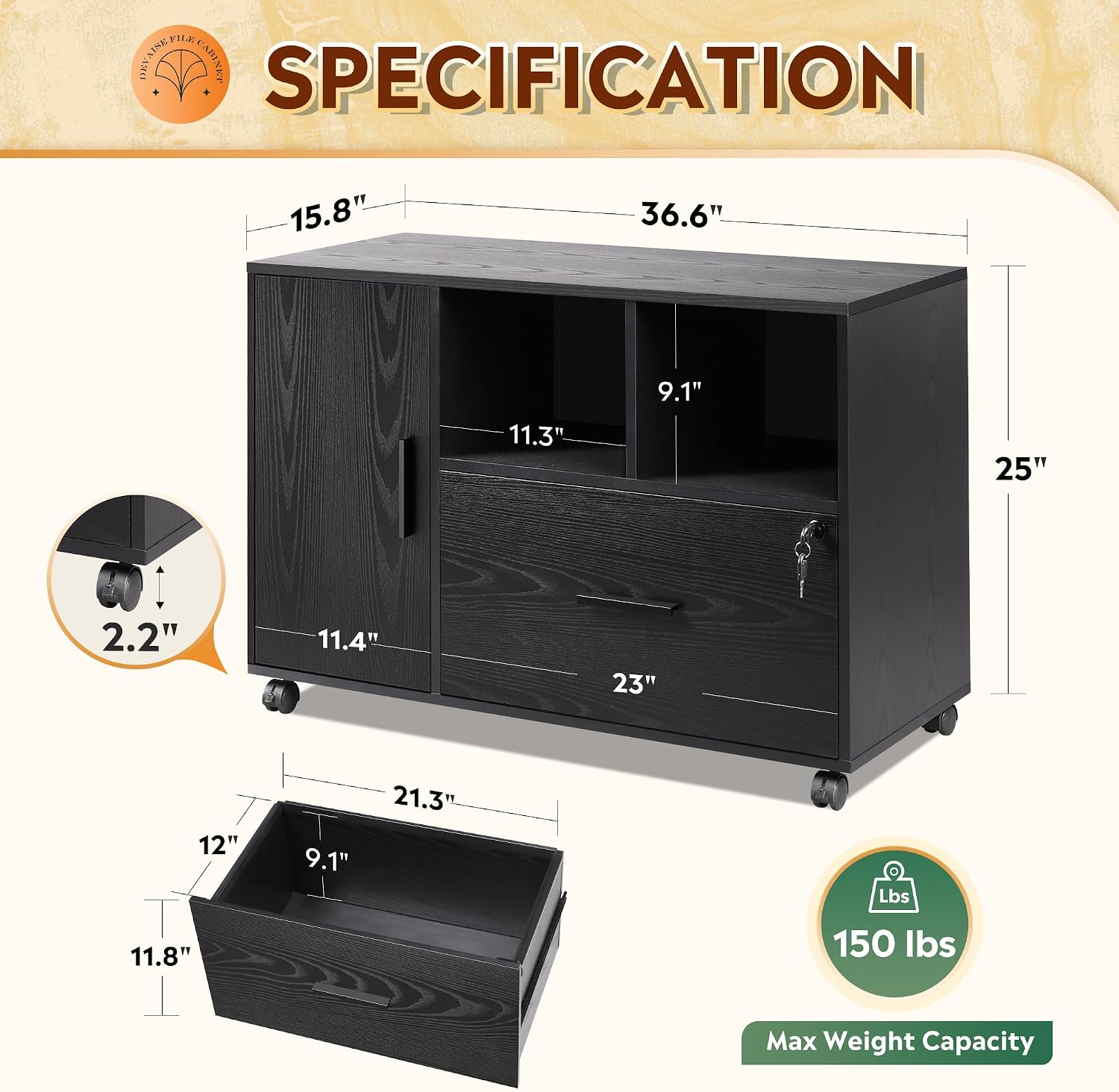 Wheeled Lockable Wooden Office File Cabinet