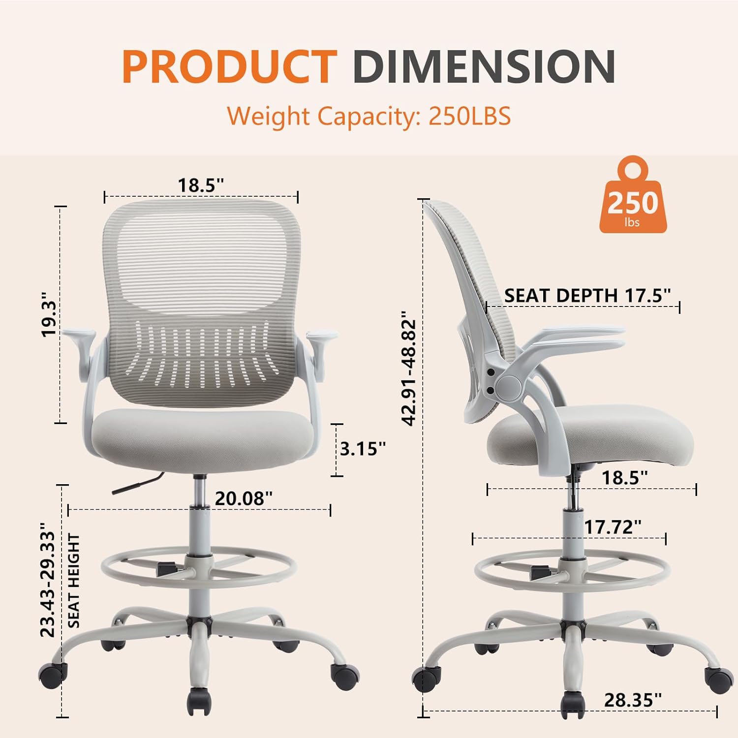 Ergonomic Rolling Tall Drafting Office Stool