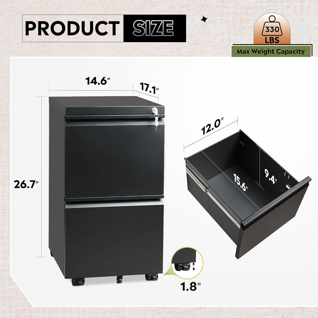 Lockable 2-Drawer Metal Under Desk File Cabinet