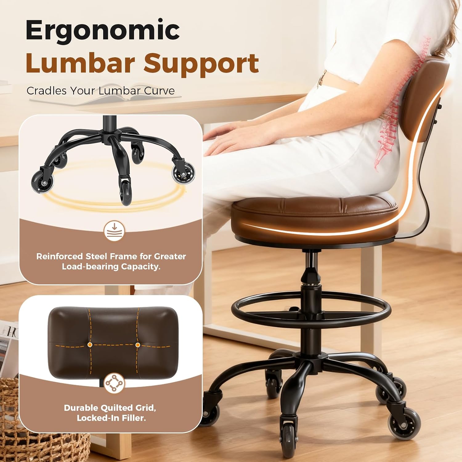 Adjustable Rolling Heavy Duty Drafting Office Stool