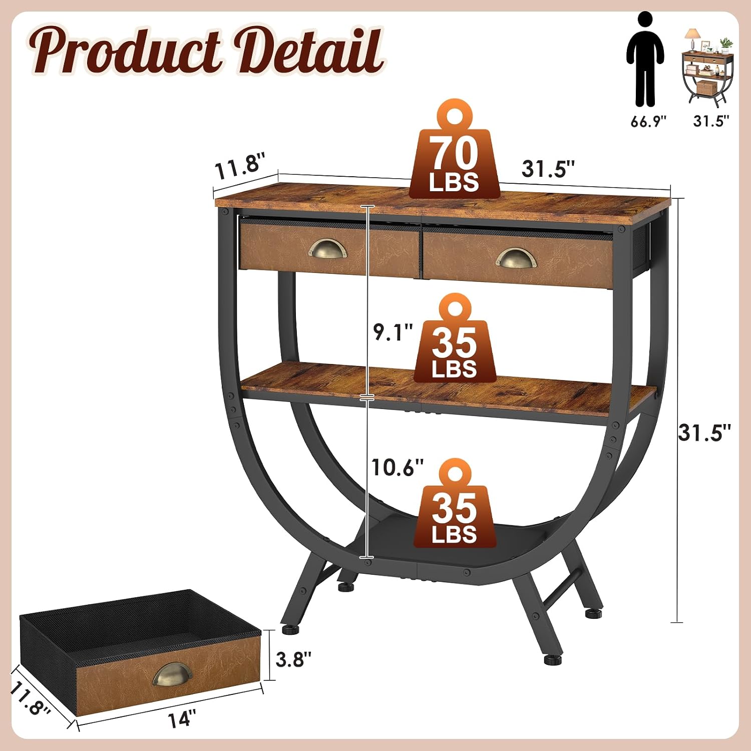 Industrial Tiered Drawer Console Entryway Sofa Table