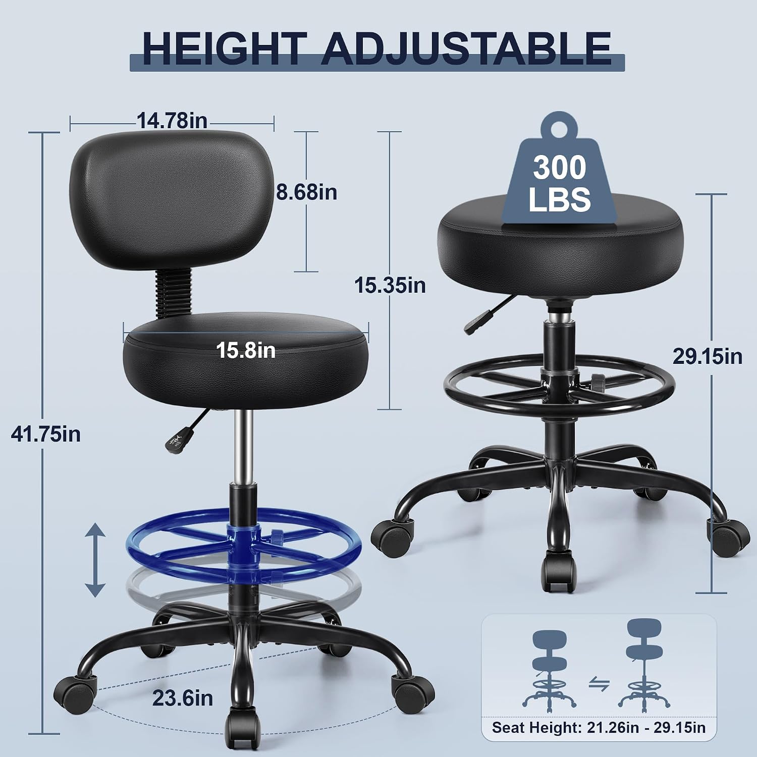 Adjustable PU Leather Rolling Drafting Office Stool