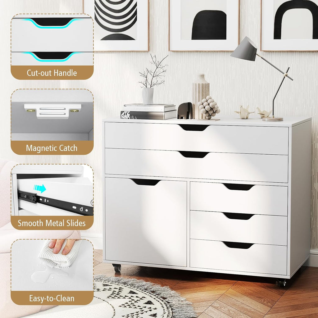 Wheeled Lockable 5-Drawer Wooden File Cabinet
