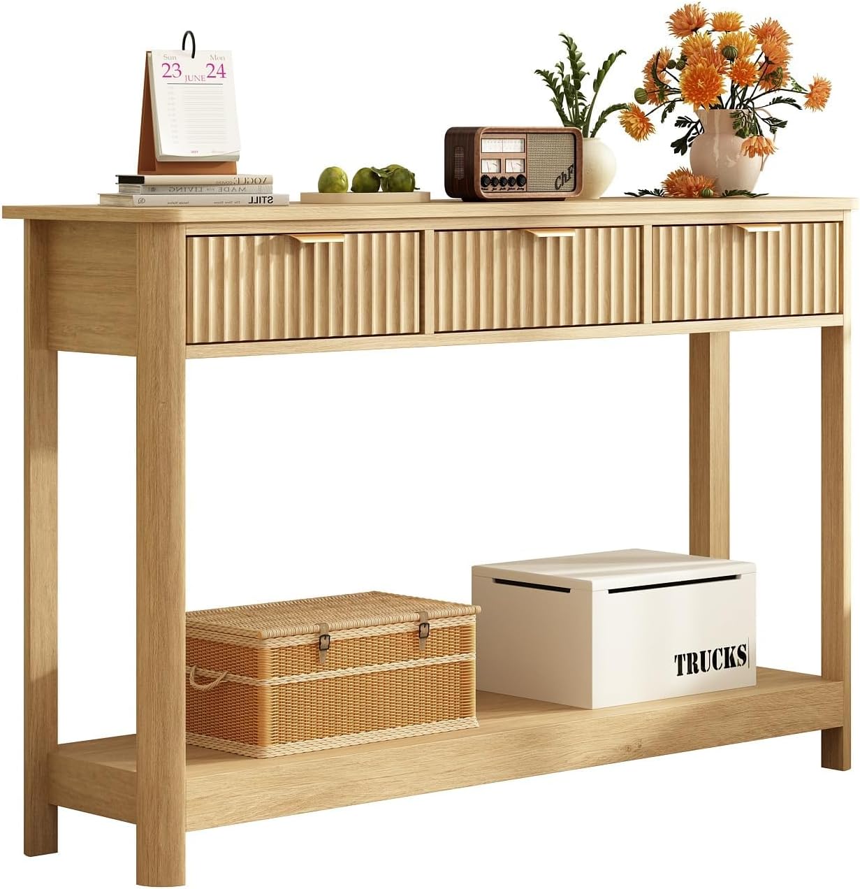 Boho Fluted Wooden Drawer Console Sofa Table