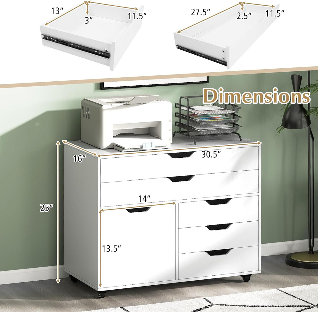 Wheeled Lockable 5-Drawer Wooden File Cabinet