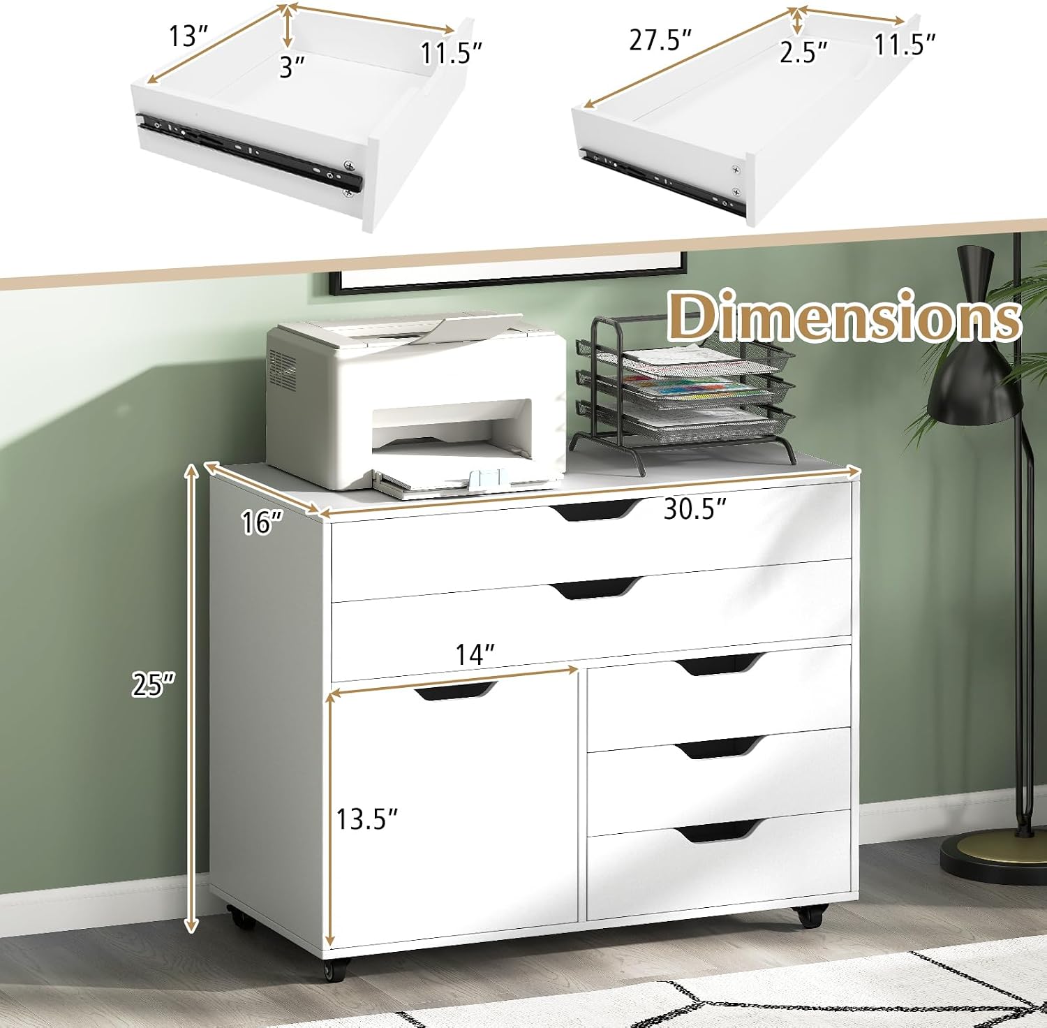 Wheeled Lockable 5-Drawer Wooden File Cabinet