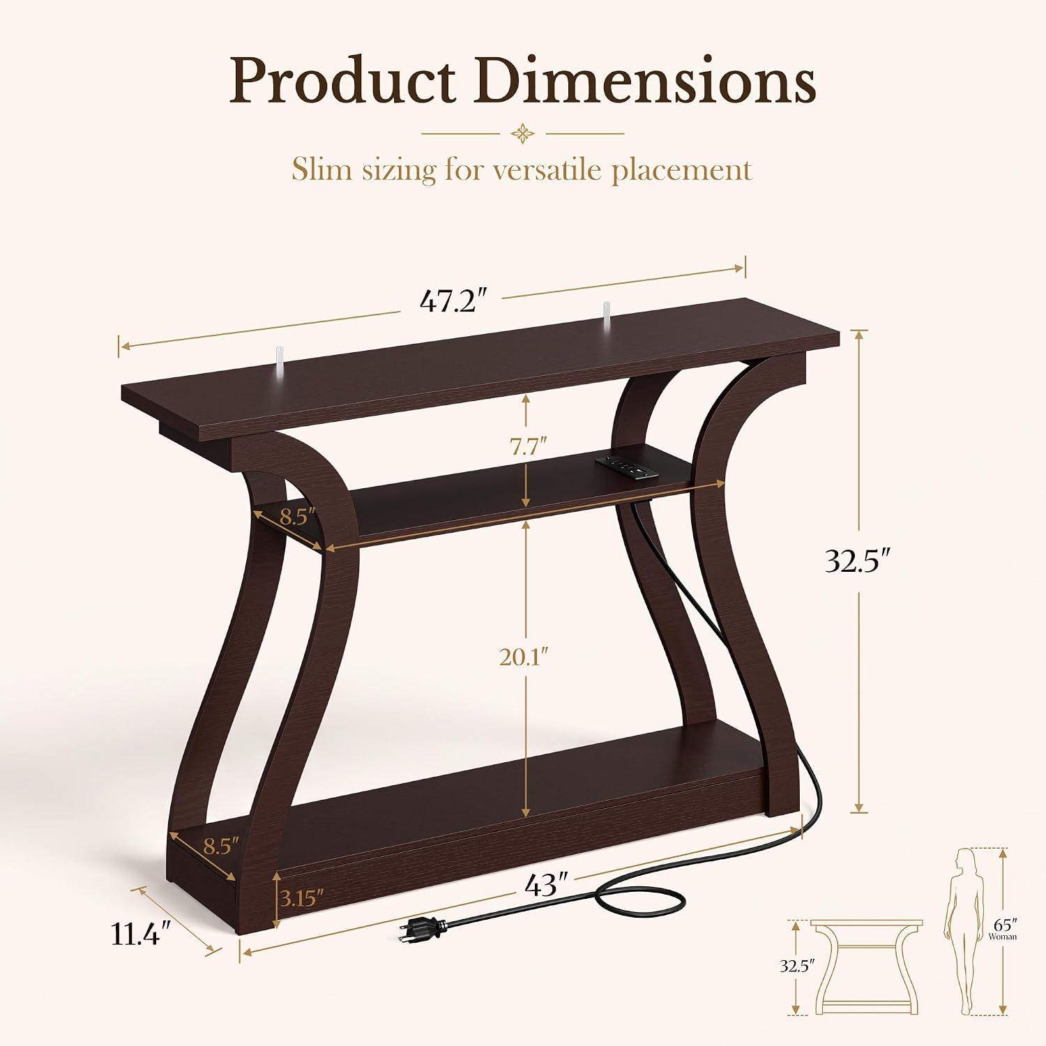 3-Tier Curved Frame Wooden Narrow Console Table