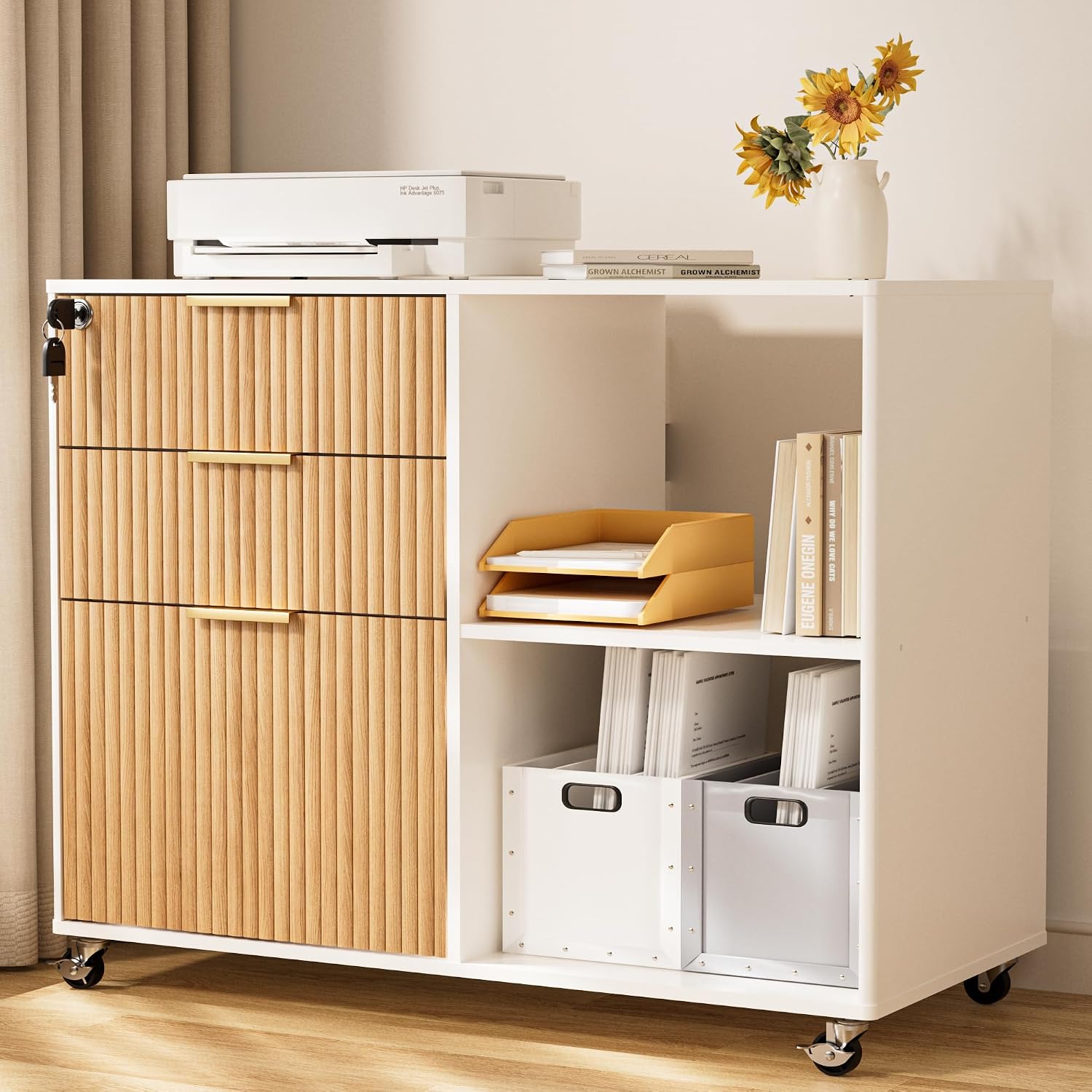 Fluted Wheeled Lockable 3-Drawer File Cabinet