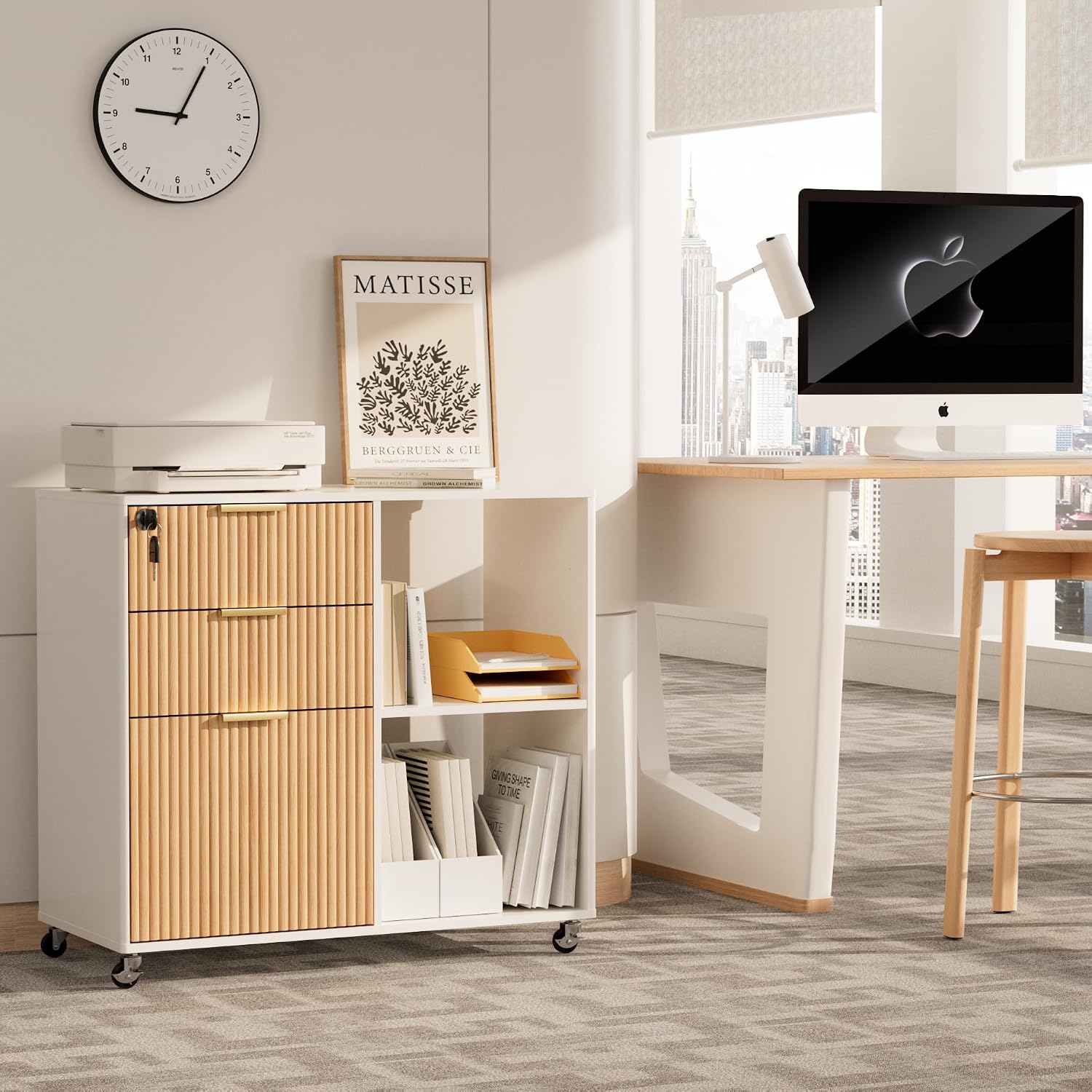 Fluted Wheeled Lockable 3-Drawer File Cabinet
