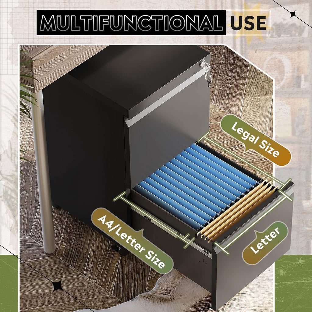 Lockable 2-Drawer Metal Under Desk File Cabinet