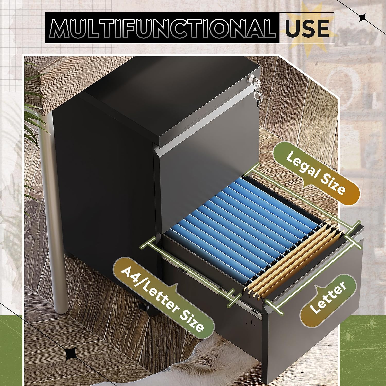 Lockable 2-Drawer Metal Under Desk File Cabinet