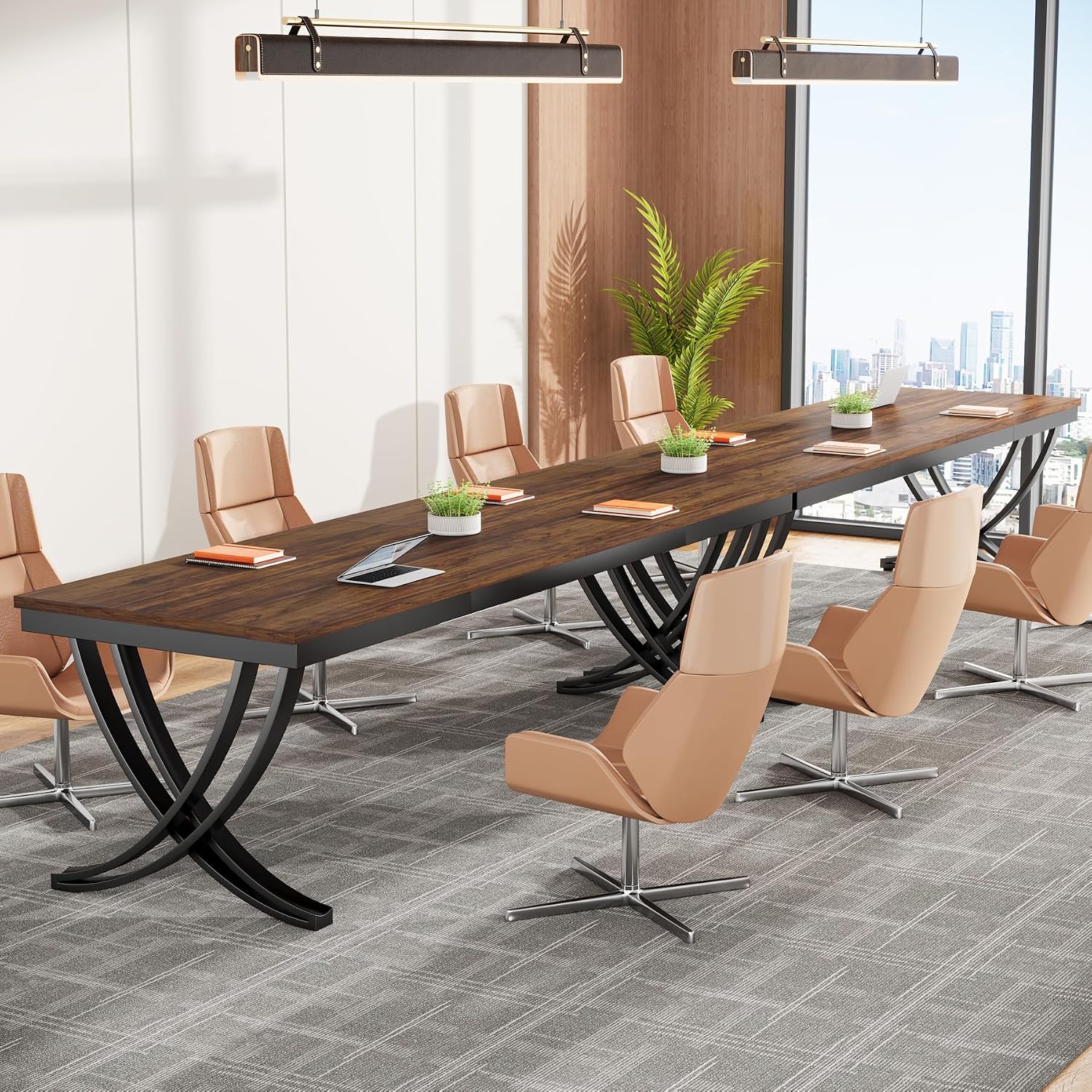 Rectangular Brown Conference Table Metal Frame