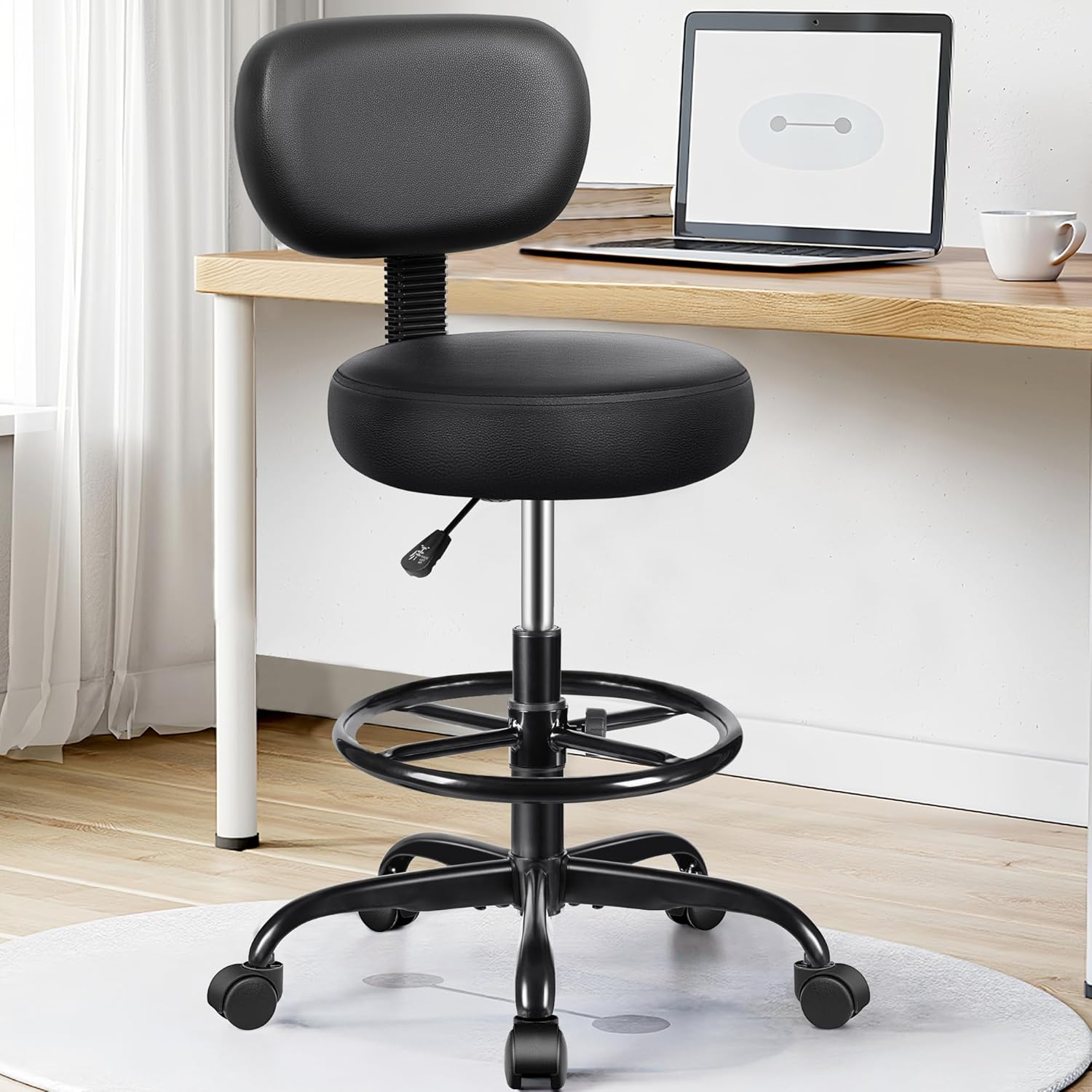 Adjustable PU Leather Rolling Drafting Office Stool