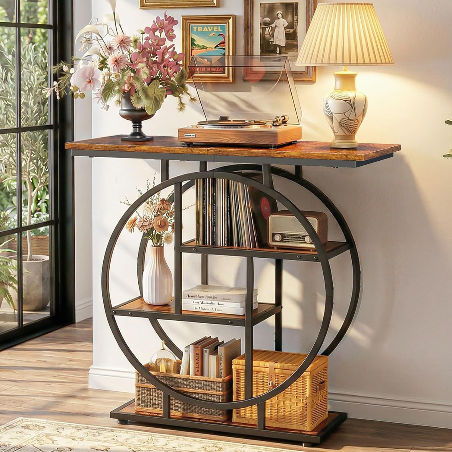 Rustic Cottage Wooden Metal Frame Console Table