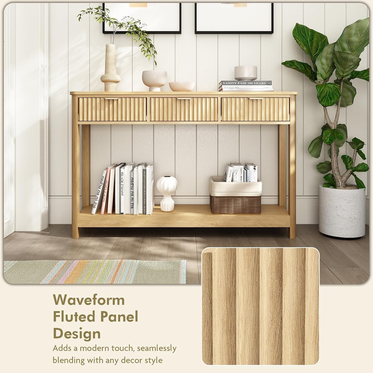 Boho Fluted Wooden Drawer Console Entryway Table