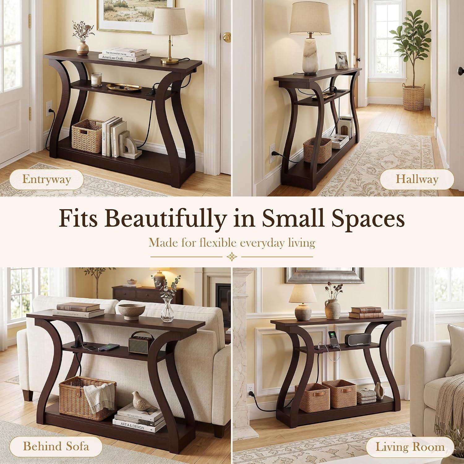 3-Tier Curved Frame Wooden Narrow Console Table