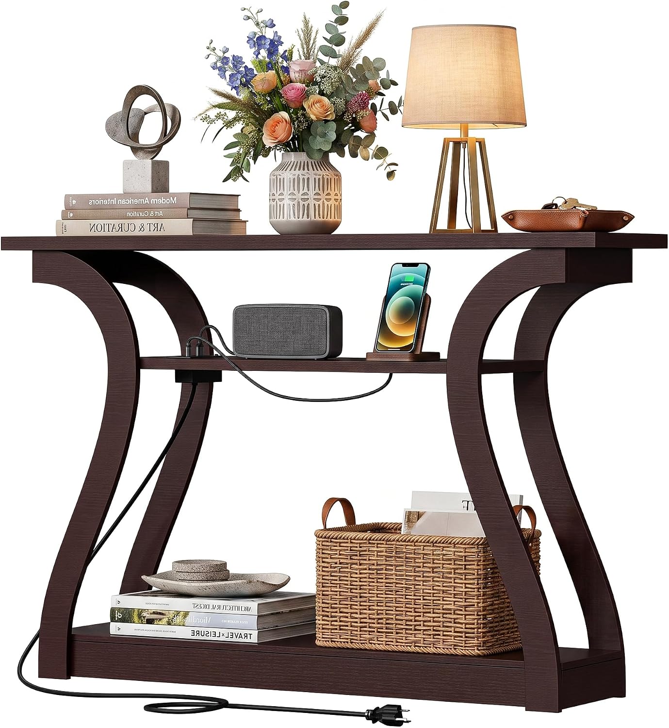 3-Tier Curved Frame Wooden Narrow Console Table
