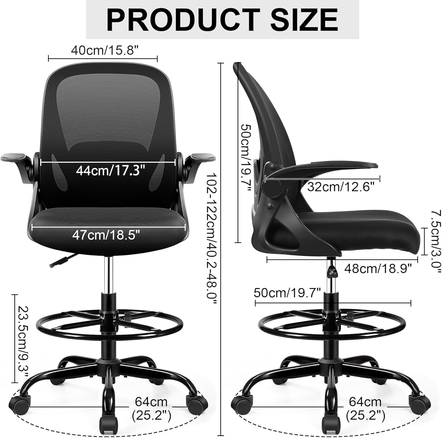 Ergonomic Rolling Drafting Chair Flip-up Armrests