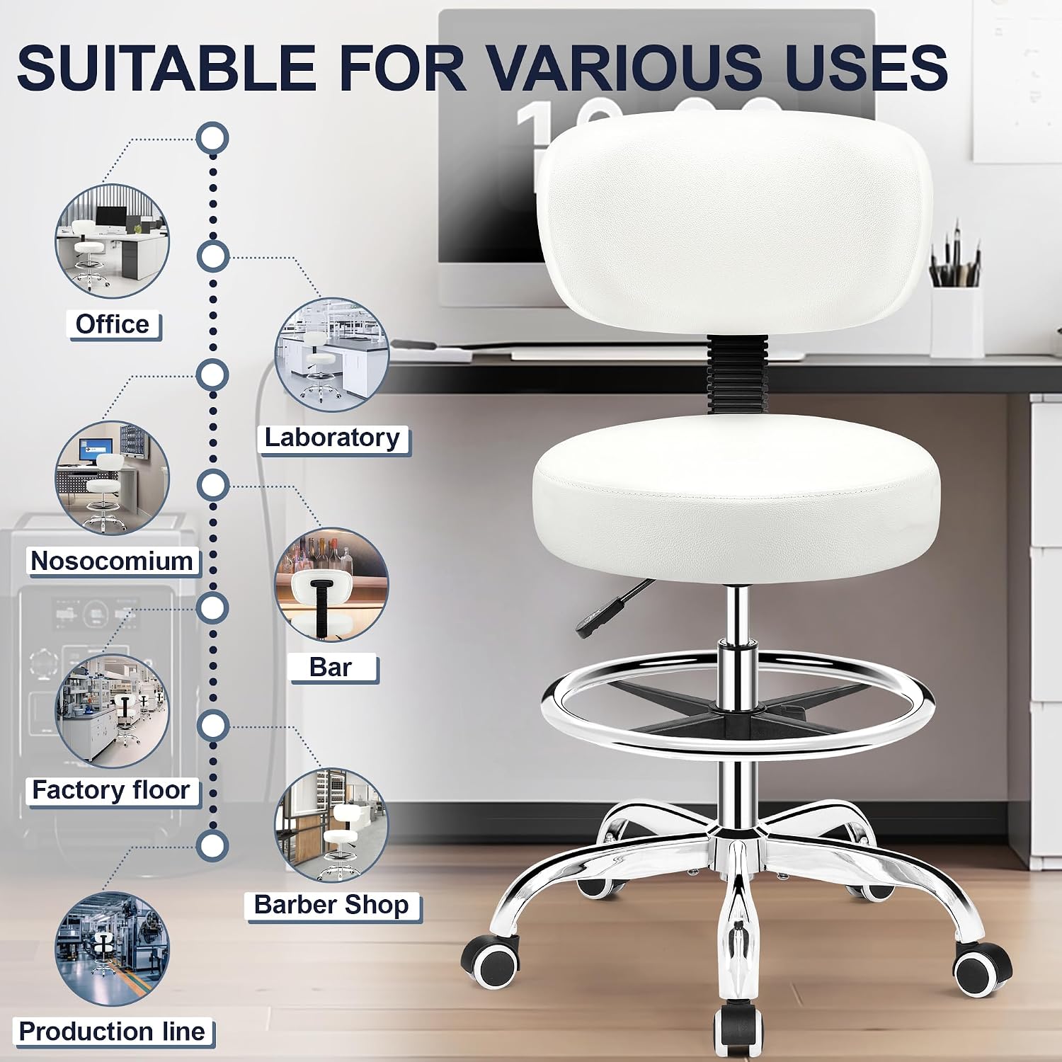 Adjustable Rolling PU Leather Drafting Office Stool