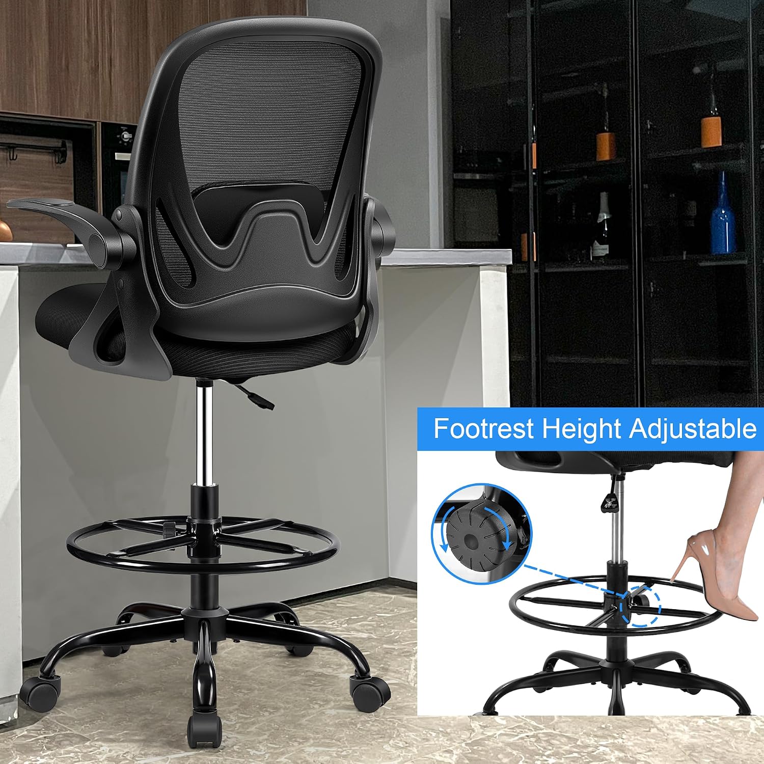 Ergonomic Rolling Drafting Chair Flip-up Armrests