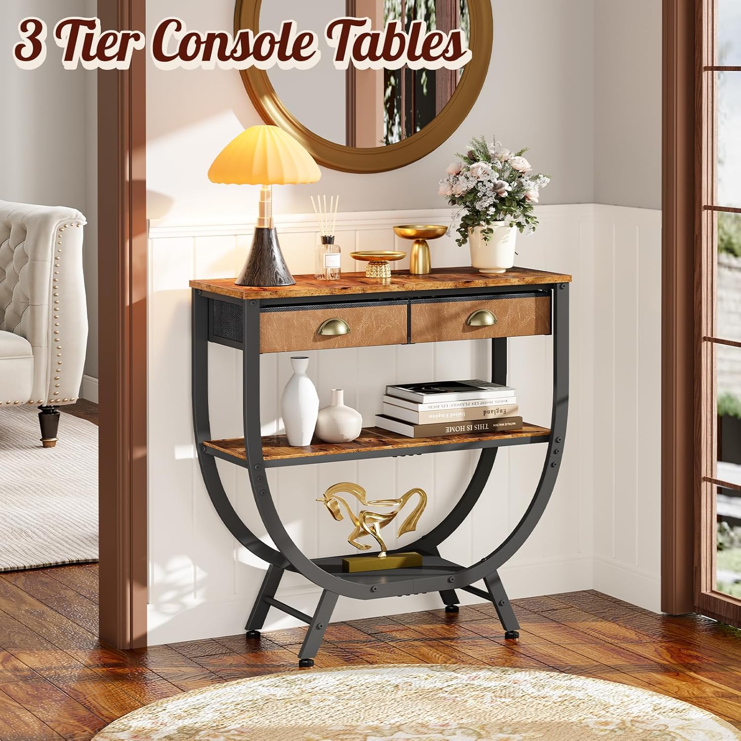 Industrial Tiered Drawer Console Entryway Sofa Table