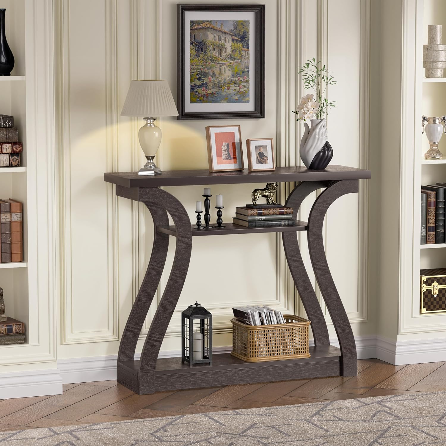 Farmhouse Rustic Wooden Tiered Console Table