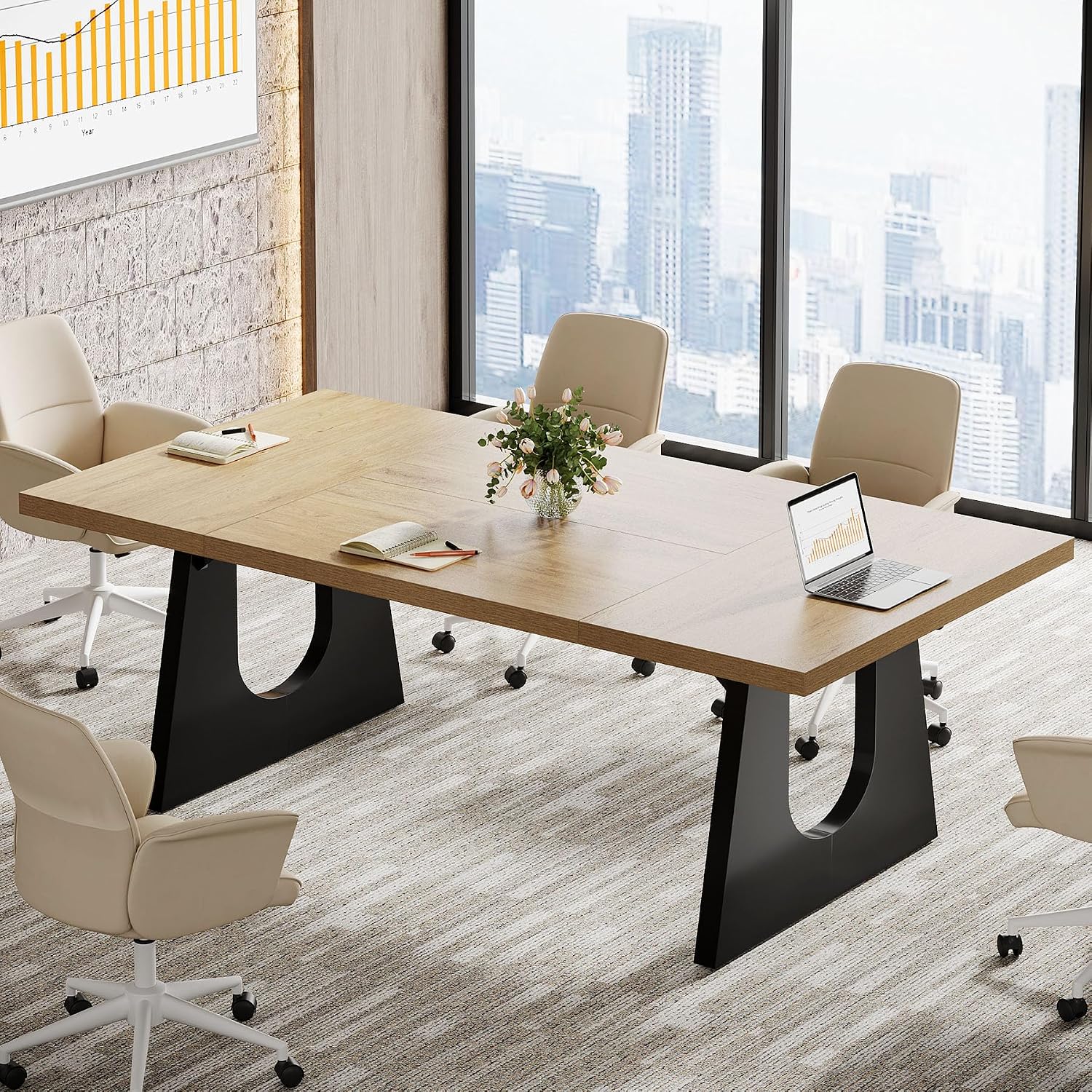 Rectangular Oak Black Large Office Conference Table