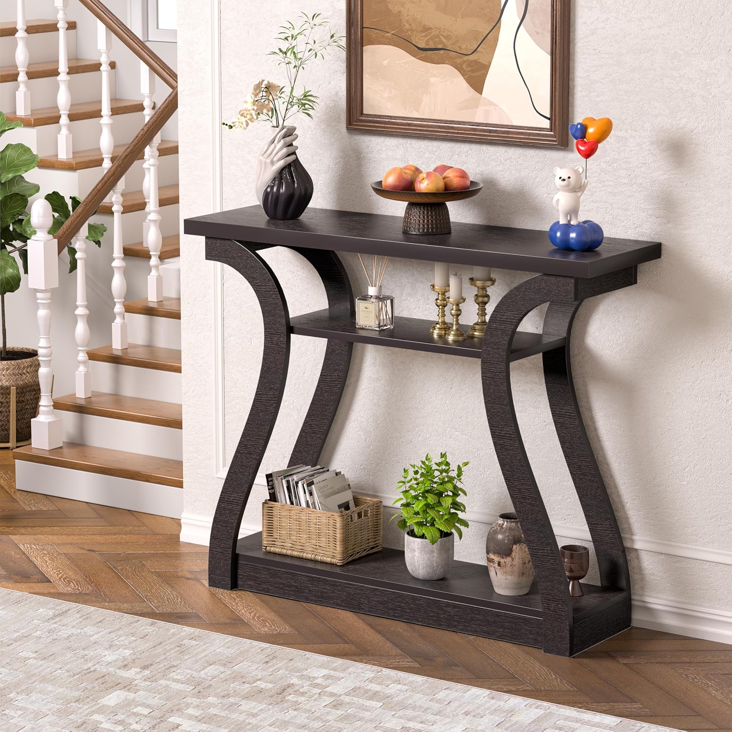 Farmhouse Rustic Wooden Tiered Console Table
