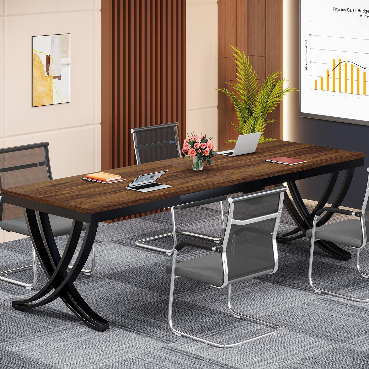 Rectangular Brown Conference Table Metal Frame